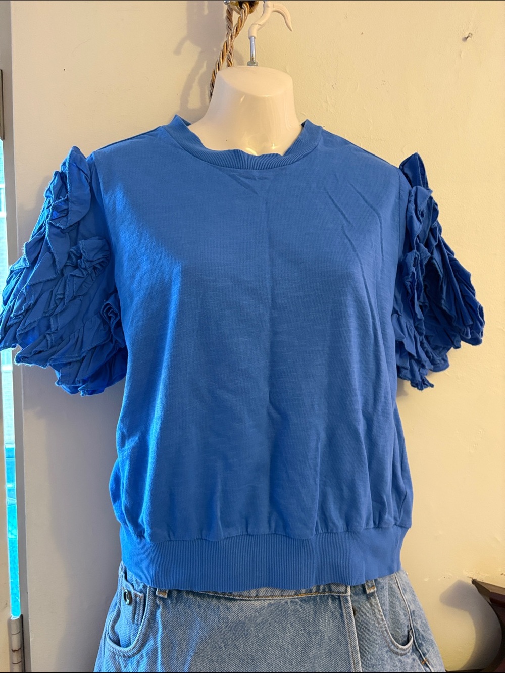 Maeve Cobalt Blue Ruffle-Puff Short Sleeve Top. Cotton